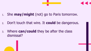 1. She may/might (not) go to Paris tomorrow.
2. Don't touch that wire. It could be dangerous.
3. Where can/could they be after the class
dismissal?
 