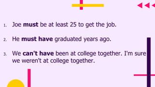 1. Joe must be at least 25 to get the job.
2. He must have graduated years ago.
3. We can't have been at college together. I'm sure
we weren't at college together.
 