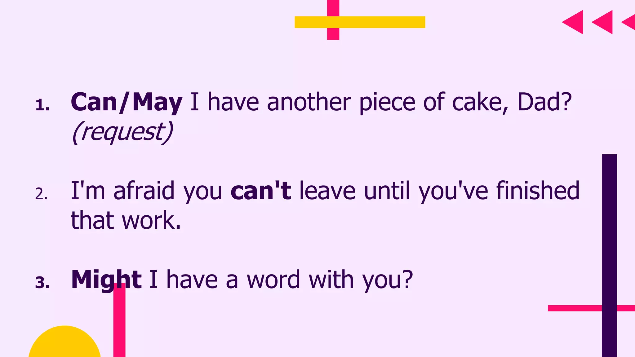 1. Can/May I have another piece of cake, Dad?
(request)
2. I'm afraid you can't leave until you've finished
that work.
3. Might I have a word with you?
 