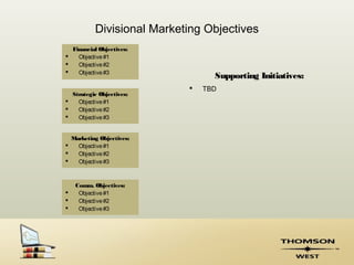 Divisional Marketing Objectives
    Financial Objectives:
     Objective #1
     Objective #2
     Objective #3
                                   Supporting Initiatives:
                                TBD
  Strategic Objectives:
   Objective #1
   Objective #2
   Objective #3


  Marketing Objectives:
   Objective #1
   Objective #2
   Objective #3



     Comm. Objectives:
     Objective #1
     Objective #2
     Objective #3
 
