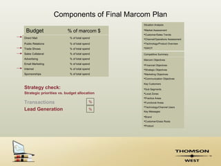 Components of Final Marcom Plan
                                              Situation Analysis

 Budget                  % of marcom $        Market Assessment
                                              Customer/Sales Trends
Direct Mail                % of total spend   Channel/Operations Assessment
Public Relations           % of total spend   Technology/Product Overview

Trade Shows                % of total spend   SWOT

Sales Collateral           % of total spend   Competitive Summary
Advertising                % of total spend   Marcom Objectives
Email Marketing            % of total spend   Financial Objectives
Internet                   % of total spend   Strategic Objectives
Sponsorships               % of total spend   Marketing Objectives
                                              Communication Objectives

                                              Key Customers
Strategy check:                               Sub Segments
Strategic priorities vs. budget allocation    Local Zones
                                              Practice Areas

Transactions                              %   Functional Areas
                                              Technology/Channel Users
Lead Generation                           %
                                              Key Messages

                                              Brand
                                              Customer/Grass Roots
                                              Product
 