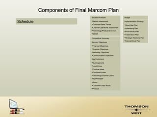 Components of Final Marcom Plan
                               Situation Analysis               Budget

Schedule                       Market Assessment               Implementation Strategy
                               Customer/Sales Trends           Direct Mail Plan
                               Channel/Operations Assessment   Advertising Plan
                               Technology/Product Overview     PR/Publicity Plan
                               SWOT                            Trade Show Plan

                               Competitive Summary              Strategic Relations Plan
                                                                Internet/Email Plan
                               Marcom Objectives

                               Financial Objectives
                               Strategic Objectives
                               Marketing Objectives
                               Communication Objectives

                               Key Customers

                               Sub Segments
                               Local Zones
                               Practice Areas
                               Functional Areas
                               Technology/Channel Users
                               Key Messages

                               Brand
                               Customer/Grass Roots
                               Product
 