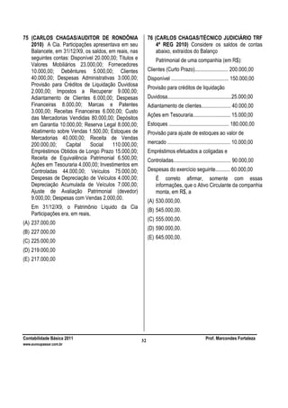 Contabilidade Básica 2011 Prof. Marcondes Fortaleza
www.euvoupassar.com.br
32
75 (CARLOS CHAGAS/AUDITOR DE RONDÔNIA
2010) A Cia. Participações apresentava em seu
Balancete, em 31/12/X9, os saldos, em reais, nas
seguintes contas: Disponível 20.000,00; Títulos e
Valores Mobiliários 23.000,00; Fornecedores
10.000,00; Debêntures 5.000,00; Clientes
40.000,00; Despesas Administrativas 3.000,00;
Provisão para Créditos de Liquidação Duvidosa
2.000,00; Impostos a Recuperar 9.000,00;
Adiantamento de Clientes 6.000,00; Despesas
Financeiras 8.000,00; Marcas e Patentes
3.000,00; Receitas Financeiras 6.000,00; Custo
das Mercadorias Vendidas 80.000,00; Depósitos
em Garantia 10.000,00; Reserva Legal 8.000,00;
Abatimento sobre Vendas 1.500,00; Estoques de
Mercadorias 40.000,00; Receita de Vendas
200.000,00; Capital Social 110.000,00;
Empréstimos Obtidos de Longo Prazo 15.000,00;
Receita de Equivalência Patrimonial 6.500,00;
Ações em Tesouraria 4.000,00; Investimentos em
Controladas 44.000,00; Veículos 75.000,00;
Despesas de Depreciação de Veículos 4.000,00;
Depreciação Acumulada de Veículos 7.000,00;
Ajuste de Avaliação Patrimonial (devedor)
9.000,00; Despesas com Vendas 2.000,00.
Em 31/12/X9, o Patrimônio Líquido da Cia
Participações era, em reais,
(A) 237.000,00
(B) 227.000,00
(C) 225.000,00
(D) 219.000,00
(E) 217.000,00
76 (CARLOS CHAGAS/TÉCNICO JUDICIÁRIO TRF
4ª REG 2010) Considere os saldos de contas
abaixo, extraídos do Balanço
Patrimonial de uma companhia (em R$):
Clientes (Curto Prazo)......................... 200.000,00
Disponível ........................................... 150.000,00
Provisão para créditos de liquidação
Duvidosa................................................25.000,00
Adiantamento de clientes...................... 40.000,00
Ações em Tesouraria............................ 15.000,00
Estoques ............................................. 180.000,00
Provisão para ajuste de estoques ao valor de
mercado ............................................... 10.000,00
Empréstimos efetuados a coligadas e
Controladas........................................... 90.000,00
Despesas do exercício seguinte........... 60.000,00
É correto afirmar, somente com essas
informações, que o Ativo Circulante da companhia
monta, em R$, a
(A) 530.000,00.
(B) 545.000,00.
(C) 555.000,00.
(D) 590.000,00.
(E) 645.000,00.
 