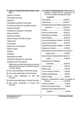 Contabilidade Básica 2011 Prof. Marcondes Fortaleza
www.euvoupassar.com.br
33
77 (CARLOS CHAGAS/CONTADOR NOSSA CAIXA
2011)
−Ações em Tesouraria
−Amortização Acumulada
−Disponível
−Participações Societárias Permanentes
−Provisão para Créditos de Liquidação Duvidosa
−Impostos a Recolher
−Empréstimos a Coligadas e Controladas
−Marcas e Patentes
−Duplicatas a Receber
−Reserva de Ágio na Emissão de Ações
−Capital Social
−Fornecedores
−Reserva de Lucros a Realizar
−Salários a Pagar
−Estoques
−Imobilizado
−Depreciação Acumulada
−Empréstimos Recebidos de Longo Prazo
−Despesas do Exercício Seguinte
Sabendo-se que determinada pessoa jurídica não
efetua vendas com prazo de recebimento superior
a 120 dias, existem
(A) três contas classificadas no Patrimônio Líquido.
(B) cinco contas classificadas no Ativo Circulante.
(C) cinco contas classificadas no Ativo Não
Circulante.
(D) quatro contas classificadas no Passivo Circulante.
(E) duas contas classificadas no Passivo Não
Circulante.
78 (CARLOS CHAGAS/ANALISTA TRE AP 2011) A
Indústria e Comércio Mel S.A. apresentava, em
31/12/X10, os saldos nas seguintes contas:
Contas R$
Fornecedores................................. 19.000,00
Capital Social................................. 50.000,00
Empréstimos Bancários Obtidos (pagamento em
05/05/X15).............................. 65.000,00
Clientes........................................... 44.200,00
Estoques de Mercadorias .............. 38.000,00
Receita Bruta de Vendas............... 345.000,00
Disponibilidades............................... 88.000,00
Custo das Mercadorias Vendidas.. 123.000,00
Impostos sobre Vendas .................. 25.500,00
Empréstimos Empresas Coligadas.. 17.000,00
Despesa com Salários..................... 12.000,00
Depreciação Acumulada (referente às máquinas e
equipamentos)....................... 12.000,00
Seguros Pagos Antecipadamente (vigência 12
meses).................................. 18.000,00
Investimentos em Coligadas e
Controladas.......................... 25.500,00
Contas a Pagar................................. 8.800,00
Reserva Legal................................... 6.000,00
Lucro na Venda de Terrenos............. 6.500,00
Despesa de Depreciação.................. 9.000,00
Salários a Pagar .............................. .6.000,00
Máquinas e Equipamentos (usados na atividade da
empresa).................................. 115.000,00
Impostos a Recolher.......................... 3.500,00
Reserva de Incentivos Fiscais............ 3.500,00
Resultado de Equivalência Patrimonial
(negativo).................................2.000,00
 