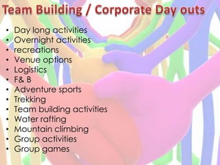 Team Building / Corporate Day outsDay long activitiesOvernight activitiesrecreationsVenue optionsLogisticsF& BAdventure sportsTrekkingTeam building activitiesWater raftingMountain climbingGroup activitiesGroup games