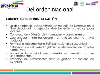 Del orden Nacional
PRINCIPALES FUNCIONES : LA NACIÓN

• La dependencia especializada en materia de juventud en el
  Nivel Nacional no ejecuta directamente proyectos para
  jóvenes.
• Construcción y Difusión de Información y conocimiento.
• Coordinación interinstitucional e intersectorial a nivel
  nacional.
• Formular e Implementar la Política Nacional de Juventud.
• Relaciones con el Poder Legislativo e intervención en debates
  normativos.
• Apoyo a la entidad especializada en Juventud en los
  Departamentos.
• Creación de herramientas para la gestión en materia de
  juventud.
 