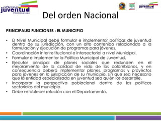 Del orden Nacional
PRINCIPALES FUNCIONES : EL MUNICIPIO

•   El Nivel Municipal debe formular e implementar políticas de juventud
    dentro de su jurisdicción, con un alto contenido relacionado a la
    formulación y ejecución de programas para jóvenes.
•   Coordinación interinstitucional e intersectorial a nivel Municipal.
•   Formular e Implementar la Política Municipal de Juventud.
•   Ejecutor principal de planes sociales que redunden en el
    mejoramiento de la calidad de vida de los colombianos, y en
    consecuencia deberá implementar planes, programas y proyectos
    para jóvenes en la jurisdicción de su municipio, sin que sea necesario
    que la entidad especializada en juventud sea quién los desarrolle.
•   Incorporar la perspectiva poblacional dentro de las políticas
    sectoriales del municipio.
•   Debe establecer relación con el Departamento.
 