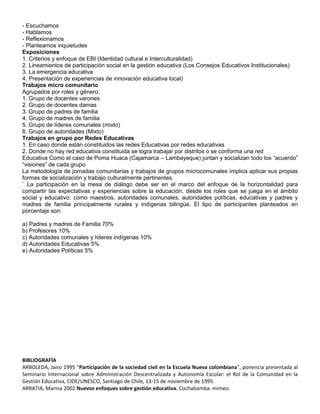 - Escuchamos
- Hablamos
- Reflexionamos
- Planteamos inquietudes
Exposiciones
1. Criterios y enfoque de EBI (Identidad cultural e Interculturalidad)
2. Lineamientos de participación social en la gestión educativa (Los Consejos Educativos Institucionales)
3. La emergencia educativa
4. Presentación de experiencias de innovación educativa local)
Trabajos micro comunitario
Agrupados por roles y género:
1. Grupo de docentes varones
2. Grupo de docentes damas
3. Grupo de padres de familia
4. Grupo de madres de familia
5. Grupo de líderes comunales (mixto)
6. Grupo de autoridades (Mixto)
Trabajos en grupo por Redes Educativas
1. En caso donde están constituidos las redes Educativas por redes educativas
2. Donde no hay red educativa constituida se logra trabajar por distritos o se conforma una red
Educativa Como el caso de Poma Huaca (Cajamarca – Lambayeque) juntan y socializan todo los “acuerdo”
“visiones” de cada grupo.
La metodología de jornadas comunitarias y trabajos de grupos microcomunales implica aplicar sus propias
formas de socialización y trabajo culturalmente pertinentes.
¨ La participación en la mesa de diálogo debe ser en el marco del enfoque de la horizontalidad para
compartir las expectativas y experiencias sobre la educación, desde los roles que se juega en el ámbito
social y educativo: como maestros, autoridades comunales, autoridades políticas, educativas y padres y
madres de familia principalmente rurales y indígenas bilingüe. El tipo de participantes planteados en
porcentaje son:

a) Padres y madres de Familia 70%
b) Profesores 10%
c) Autoridades comunales y líderes indígenas 10%
d) Autoridades Educativas 5%
e) Autoridades Políticas 5%




BIBLIOGRAFÍA
ARBOLEDA, Jairo 1995 "Participación de la sociedad civil en la Escuela Nueva colombiana", ponencia presentada al
Seminario Internacional sobre Administración Descentralizada y Autonomía Escolar: el Rol de la Comunidad en la
Gestión Educativa, CIDE/UNESCO, Santiago de Chile, 13-15 de noviembre de 1995.
ARRATIA, Marina 2002 Nuevos enfoques sobre gestión educativa. Cochabamba: mimeo.
 