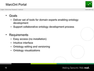 MarcOnt Portal Goals Deliver set of tools for domain experts enabling ontology development Support collaborative ontology development process  Requirements Easy access (no installation) Intuitive interface Ontology editing and versioning Ontology visualizations 