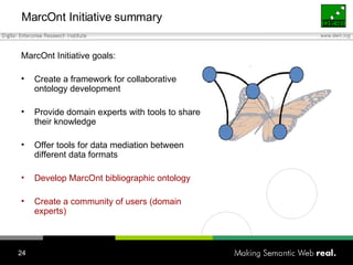 MarcOnt Initiative summary MarcOnt Initiative goals: Create a framework for collaborative ontology development Provide domain experts with tools to share their knowledge Offer tools for data mediation between different data formats Develop MarcOnt bibliographic ontology Create a community of users (domain experts) 