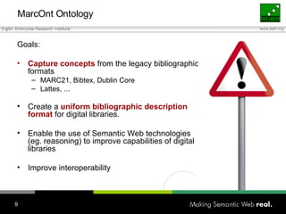 MarcOnt Ontology Goals: Capture concepts   from the legacy bibliographic formats MARC21, Bibtex, Dublin Core Lattes, ... Create a  uniform bibliographic description format  for digital libraries. Enable the use of Semantic Web technologies (eg. reasoning) to improve capabilities of digital libraries Improve interoperability 