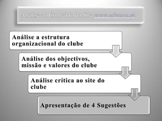 Análise a estrutura
organizacional do clube

   Análise dos objectivos,
   missão e valores do clube

      Análise crítica ao site do
      clube
 
