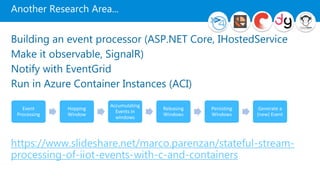 Another Research Area...
Building an event processor (ASP.NET Core, IHostedService
Make it observable, SignalR)
Notify with EventGrid
Run in Azure Container Instances (ACI)
https://www.slideshare.net/marco.parenzan/stateful-stream-
processing-of-iiot-events-with-c-and-containers
Event
Processing
Hopping
Window
Accumulating
Events in
windows
Releasing
Windows
Persisting
Windows
Generate a
(new) Event
 
