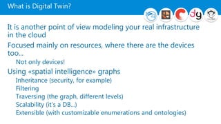 What is Digital Twin?
It is another point of view modeling your real infrastructure
in the cloud
Focused mainly on resources, where there are the devices
too...
Not only devices!
Using «spatial intelligence» graphs
Inheritance (security, for example)
Filtering
Traversing (the graph, different levels)
Scalability (it’s a DB...)
Extensible (with customizable enumerations and ontologies)
 