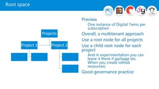 Root space
Projects
Project 1 Project 2
Preview
One instance of Digital Twins per
subscription
Overall, a multitenant approach
Use a root node for all projects
Use a child root node for each
project
And in experimentation you can
leave it there if garbage (ex.
When you create iothub
resources)
Good governance practice
 