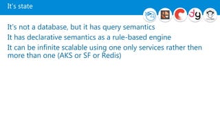 It’s state
It’s not a database, but it has query semantics
It has declarative semantics as a rule-based engine
It can be infinite scalable using one only services rather then
more than one (AKS or SF or Redis)
 