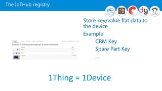 The IoTHub registry
Store key/value flat data to
the device
Example
CRM Key
Spare Part Key
...
1Thing = 1Device
 