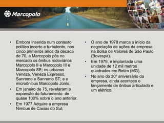 Embora inserida num contexto político incerto e turbulento, nos cinco primeiros anos da década de 70, a Marcopolo pôs no mercado os ônibus rodoviários Marcopolo II e Marcopolo III e Marcopolo SE; os urbanos Veneza, Veneza Expresso, Sanremo e Sanremo ST; e o microônibus Marcopolo Júnio. Em janeiro de 75, revelaram a expansão do faturamento  de quase 100% sobre o ano anterior. Em  1977 Adquire a empresa Nimbus de Caxias do Sul; O ano de 1978 marca o início da negociação de ações da empresa na Bolsa de Valores de São Paulo (Bovespa). Em 1979, é implantada uma unidade de 12 mil metros quadrados em Betim (MG). No ano do 30º aniversário da empresa, ainda acontece o lançamento de ônibus articulado e um elétrico. 