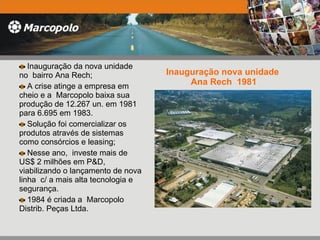 Inauguração nova unidade  Ana Rech  1981 Inauguração da nova unidade no  bairro Ana Rech;  A crise atinge a empresa em cheio e a  Marcopolo baixa sua produção de 12.267 un. em 1981 para 6.695 em 1983.  Solução foi comercializar os produtos através de sistemas como consórcios e leasing; Nesse ano,  investe mais de US$ 2 milhões em P&D, viabilizando o lançamento de nova linha  c/ a mais alta tecnologia e segurança. 1984 é criada a  Marcopolo Distrib. Peças Ltda. 