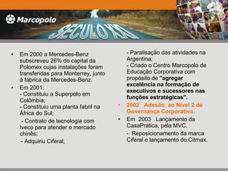 Em 2000 a Mercedes-Benz subscreveu 26% do capital da Polomex cujas instalações foram transferidas para Monterrey, junto à fábrica da Mercedes-Benz. Em 2001:  - Constituiu a Superpolo em Colômbia; - Constituiu uma planta fabril na África do Sul;   - Contrato de tecnologia com Iveco para atender o mercado chinês;   - Adquiriu Ciferal;  - Paralisação das atividades na Argentina; - Criado o Centro Marcopolo de Educação Corporativa com propósito de  "agregar excelência na formação de executivos e sucessores nas funções estratégicas". 2002   Adesão  ao Nível 2 de Governança Corporativa.  Em  2003  Lançamento da CasaPrática, pela MVC.  -  Reposicionamento da marca Ciferal e lançamento do Citmax. 