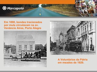 Em 1890, bondes tracionados por mula circulavam na av. Venâncio Aires, Porto Alegre A Voluntários da Pátria em meados de 1920. 