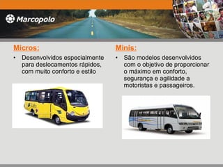 Micros: D esenvolvidos especialmente para deslocamentos rápidos, com muito conforto e estilo Minis: São modelos desenvolvidos com o objetivo de proporcionar o máximo em conforto, segurança e agilidade a motoristas e passageiros.  