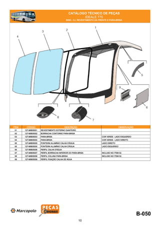 CATÁLOGO TÉCNICO DE PEÇAS
IDEALE 770
B050 - CJ. REVESTIMENTO DA FRENTE E PARA-BRISA
ITEM CÓDIGO DESCRIÇÃO OBSERVAÇÃO
01 127-MIB05001 REVESTIMENTO EXTERNO DIANTEIRO
02 127-MIB05002 BORRACHA CONTORNO PARA-BRISA
03 127-MIB05003 PARA-BRISA COR VERDE - LADO ESQUERDO
04 127-MIB05004 PARA-BRISA COR VERDE - LADO DIREITO
05 127-MIB05005 PONTEIRA ALUMÍNIO CALHA D'ÁGUA LADO DIREITO
05 127-MIB05005 PONTEIRA ALUMÍNIO CALHA D'ÁGUA LADO ESQUERDO
06 127-MIB05006 PERFIL CALHA D'ÁGUA
07 127-MIB05007 PERFIL BORRACHA INFERIOR DO PARA-BRISA INCLUSO NO ITEM 02.
08 127-MIB05008 PERFIL COLUNA PARA-BRISA INCLUSO NO ITEM 02.
09 127-MIB05009 PERFIL FIXAÇÃO CALHA DE ÁGUA
B-050
10
 