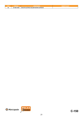 ITEM CÓDIGO DESCRIÇÃO OBSERVAÇÃO
09 127-MIC15009 CHICOTE ELÉTRICO DELIMITADORA SUPERIOR
C-150
21
 