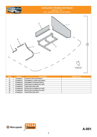 CATÁLOGO TÉCNICO DE PEÇAS
IDEALE 770
A001 - CONJUNTO POSTO DO MOTORISTA
ITEM CÓDIGO DESCRIÇÃO OBSERVAÇÃO
A 127-MIA001A CONJUNTO POSTO MOTORISTA
01 127-MIA00101 FECHAMENTO LATERAL MOTORISTA
02 127-MIA00102 FECHAMENTO ÁTRAS MOTORISTA
03 127-MIA00103 ESTRUTURA COLARINHO DO CAPÔ
04 127-MIA00104 TUBO ESTRUTURA CAPÔ
05 127-MIA00105 ESTRUTURA COLARINHO DO CAPÔ
06 127-MIA00106 ESTRUTURA COLARINHO DO CAPÔ
07 127-MIA00107 TUBO ESTRUTURA CAPÔ
A-001
3
 