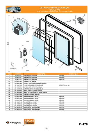 CATÁLOGO TÉCNICO DE PEÇAS
IDEALE 770
D170 - CONJUNTO JANELAS DO SALÃO - LADO ESQUERDO
ITEM CÓDIGO DESCRIÇÃO OBSERVAÇÃO
A 127-MID170A CONJUNTO DE JANELAS VÃO 795
A 127-MID170A CONJUNTO DE JANELAS VÃO 1600
A 127-MID170A CONJUNTO DE JANELAS VÃO 1200
01 127-MID17001 CANALETA DA JANELA
02 127-MID17002 ENGATE TRINCO JANELAS SALÃO VOLARE
03 127-MID17003 VIDRO FIXO JANELA TURISMO LUXO SOMENTE VÃO 795
04 127-MID17004 ACABAM. EXT. PUXADOR JANELAS
05 127-MID17005 BATENTE VIDROS MÓVEIS JANELAS
06 127-MID17006 PERFIL VEDAÇÃO ENTRE VIDROS
07 127-MID17007 PERFIL FIXAÇÃO VEDAÇÃO ENTRE VIDROS
08 127-MID17008 CONJUNTO TRINCO JANELAS
09 127-MID17009 BORRACHA JANELA SALÃO VÃO 795
09 127-MID17009 BORRACHA JANELA SALÃO VÃO 1200
09 127-MID17009 BORRACHA JANELA SALÃO VÃO 1600
10 127-MID17010 CONJUNTO ARO JANELA VÃO 795
10 127-MID17010 CONJUNTO ARO JANELA VÃO 1600
10 127-MID17010 CONJUNTO ARO JANELA VÃO 1200
11 127-MID17011 VIDRO MÓVEL JANELA SALÃO VÃO 1200
11 127-MID17011 VIDRO MÓVEL JANELA SALÃO VÃO 795
D-170
33
 