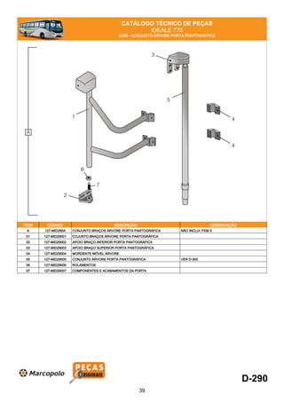CATÁLOGO TÉCNICO DE PEÇAS
IDEALE 770
D290 - CONJUNTO ÁRVORE PORTA PANTÓGRAFICA
ITEM CÓDIGO DESCRIÇÃO OBSERVAÇÃO
A 127-MID290A CONJUNTO BRAÇOS ÁRVORE PORTA PANTOGRÁFICA NÃO INCLUI ITEM 5
01 127-MID29001 COJUNTO BRAÇOS ÁRVORE PORTA PANTOGRÁFICA
02 127-MID29002 APOIO BRAÇO INFERIOR PORTA PANTOGRÁFICA
03 127-MID29003 APOIO BRAÇO SUPERIOR PORTA PANTOGRÁFICA
04 127-MID29004 MORDENTE MÓVEL ÁRVORE
05 127-MID29005 CONJUNTO ÁRVORE PORTA PANTOGRÁFICA VER D-300
06 127-MID29006 ROLAMENTOS
07 127-MID29007 COMPONENTES E ACABAMENTOS DA PORTA
D-290
39
 