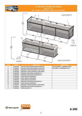 CATÁLOGO TÉCNICO DE PEÇAS
IDEALE 770
A200 - CONJUNTO CABECEIRAS E ASSOALHO DO BAGAGEIRO
ITEM CÓDIGO DESCRIÇÃO OBSERVAÇÃO
B 127-MIA200B CONJUNTO MONTAGEM BAGAGEIRO ENTRE-EIXO LADO ESQUERDO - COMPRIMENTO 2985
A 127-MIA200A CONJUNTO MONTAGEM BAGAGEIRO ENTRE-EIXO LADO DIREITO - COMPRIMENTO 3720
01 127-MIA20001 CABECEIRA LATERAL BAGAGEIRO LONGITUDINAL
02 127-MIA20002 CABECEIRA LATERAL BAGAGEIRO LONGITUDINAL
03 127-MIA20003 CABECEIRA LONGITUDINAL BAGAGEIRO E.E.
04 127-MIA20004 CABECEIRA LONGITUDINAL BAGAGEIRO E.E.
05 127-MIA20005 CHAPA ASSOALHO BAGAGEIRO
06 127-MIA20006 CHAPA ASSOALHO BAGAGEIRO
07 127-MIA20007 CHAPA ASSOALHO BAGAGEIRO
08 127-MIA20008 CABECEIRA LONGITUDINAL BAGAGEIRO E.E.
09 127-MIA20009 CHAPA ASSOALHO BAGAGEIRO
10 127-MIA20010 CABECEIRA LATERAL BAGAGEIRO LONGITUDINAL
11 127-MIA20011 CABECEIRA LONGITUDINAL BAGAGEIRO E.E.
12 127-MIA20012 CHAPAS ALUZINC 0.75
A-200
5
 