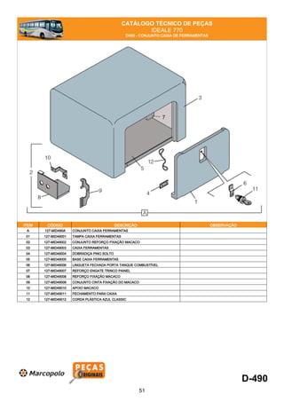 CATÁLOGO TÉCNICO DE PEÇAS
IDEALE 770
D490 - CONJUNTO CAIXA DE FERRAMENTAS
ITEM CÓDIGO DESCRIÇÃO OBSERVAÇÃO
A 127-MID490A CONJUNTO CAIXA FERRAMENTAS
01 127-MID49001 TAMPA CAIXA FERRAMENTAS
02 127-MID49002 CONJUNTO REFORÇO FIXAÇÃO MACACO
03 127-MID49003 CAIXA FERRAMENTAS
04 127-MID49004 DOBRADIÇA PINO SOLTO
05 127-MID49005 BASE CAIXA FERRAMENTAS
06 127-MID49006 LINGUETA FECHADA PORTA TANQUE COMBUSTÍVEL
07 127-MID49007 REFORÇO ENGATE TRINCO PAINEL
08 127-MID49008 REFORÇO FIXAÇÃO MACACO
09 127-MID49009 CONJUNTO CINTA FIXAÇÃO DO MACACO
10 127-MID49010 APOIO MACACO
11 127-MID49011 FECHAMENTO PARA CAIXA
12 127-MID49012 CORDA PLÁSTICA AZUL CLASSIC
D-490
51
 