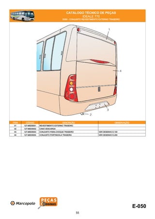 CATÁLOGO TÉCNICO DE PEÇAS
IDEALE 770
E050 - CONJUNTO REVESTIMENTO EXTERNO TRASEIRO
ITEM CÓDIGO DESCRIÇÃO OBSERVAÇÃO
01 127-MIE05001 REVESTIMENTO EXTERNO TRASEIRO
02 127-MIE05002 CANO DESCARGA
03 127-MIE05003 CONJUNTO PARA-CHOQUE TRASEIRO VER DESENHO E-100
04 127-MIE05004 CONJUNTO PORTINHOLA TRASEIRA VER DESENHO E-200
E-050
55
 