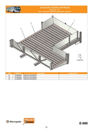 CATÁLOGO TÉCNICO DE PEÇAS
IDEALE 770
E080 - CONJUNTO ASSOALHO BAGAGEIRO TRASEIRO
ITEM CÓDIGO DESCRIÇÃO OBSERVAÇÃO
01 127-MIE08001 ASSOALHO BAGAGEIRO
02 127-MIE08002 ASSOALHO BAGAGEIRO
03 127-MIE08003 ASSOALHO BAGAGEIRO
E-080
57
 