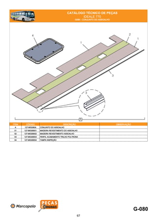 CATÁLOGO TÉCNICO DE PEÇAS
IDEALE 770
G080 - CONJUNTO DO ASSOALHO
ITEM CÓDIGO DESCRIÇÃO OBSERVAÇÃO
A 127-MIG080A CONJUNTO DO ASSOALHO
01 127-MIG08001 MADEIRA REVESTIMENTO DO ASSOALHO
02 127-MIG08002 MADEIRA REVESTIMENTO ASSOALHO
03 127-MIG08003 PERFIL ACABAMENTO TRILHO POLTRONA
04 127-MIG08004 TAMPA INSPEÇÃO
G-080
67
 