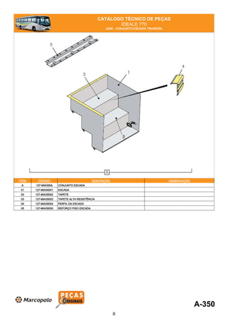 CATÁLOGO TÉCNICO DE PEÇAS
IDEALE 770
A350 - CONJUNTO ESCADA TRASEIRA
ITEM CÓDIGO DESCRIÇÃO OBSERVAÇÃO
A 127-MIA350A CONJUNTO ESCADA
01 127-MIA35001 ESCADA
02 127-MIA35002 TAPETE
03 127-MIA35003 TAPETE ALTA RESISTÊNCIA
04 127-MIA35004 PERFIL DA ESCADA
05 127-MIA35005 REFORÇO PISO ESCADA
A-350
8
 