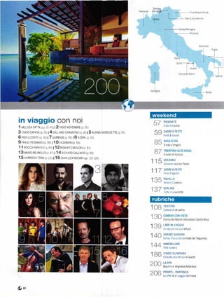 Tíentno
                                                                                     P   emonte       A   toAdrge-                               VenezaGLr       a


                                                                                                      MilaÍE)                          Paed   San Mart no
                                                                                                       I

                                                                                                                            -FrLr
                                                                                                                                Emtla Rornagna
                                                                                                                            .-R,..r.r..!

                                                                                                                 -
                                                                                                                                                                          PLrg a


                                                                                                                                                                     -_l




                                                                                                                                                             s   c    e


                                                                                                                                                -




rn vraggro con nor                                                                                              PIEMONTE

1 uri ssnsltte   1pp ro-qo)   |2   gto r'rovtMenr(p zo)                                                         S'alziils pario

3 rnrro cneesn 1p z6; ; 4 cruL aro saroroRcr (p 26) | 5 ALANts   MoRtssETTE (p 56)                        tr
                                                                                                          U     SAGRE E FESTE
                                                                                                                Foo.l& (orrn.l
6 enoro conrr 1p so) | 7 clRslcr(p 56) | I BJoRK (p 56)
                                                                                                                BAslLlcÁTA
9 rnnnz teRotr.'no 1p so; 1 'l 0 rnsnsrnt 1p soy
                                                                                                                Avolo d'ange o
1 1 Rocco reearro 1p sq) | 1 2 nosrnro eEN ctir (p a+)
13 unnro anurrrro 1p 87) | 14 R oHARD GALLIANo (p 88)
1 5 rnnntsor rORo 1p rLs; g 1 6 crnnruCn tosARr (pp 120 128)
                                                                                                  í E
                                                                                                   I U          LocARNo
                                                                                                                Giovane vecch o Pardo


                                                                                                  1       1     SAGREEFESTE
                                                                                                                lene 0 agoslo

                                                                                                  1
                                                                                                  I             RAVELLo
                                                                                                                Note rn costiera

                                                                                                                BERLINO
                                                                                                                Tutto n una notte




                                                                                                  1
                                                                                                  '
                                                                                                                SENTTERT
                                                                                                                c'ttPdril dlolpirá



                                                                                                  íI            LIBRI lN VlAGGlo
                                                                                                                Ac ascrno la sra pl|rra

                                                                                                  l             GRAND|GIÁRDIN|
                                                                                                      I         lsch'a Pd'(o lorole.malA de legoÍrbo

                                                                                                                IMMOBILIARE
                                                                                                                Strle rsolano

                                                                                                  1
                                                                                                  '
                                                                                                                vrAGGrsu MrsuRA
                                                                                                                chiedilo al á Person2l Gllldp!

                                                                                                                     SPA
                                                                                                                     urit us Angsana Balaclava

                                                                                                                PRONTI.,. PARTENZA
                                                                                                                Le offerie diviaggro   delmese



$1   u
 