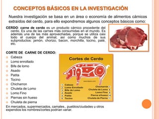 CONCEPTOS BÁSICOS EN LA INVESTIGACIÓN
 Nuestra investigación se basa en un área o economía de alimentos cárnicos
 extraídos del cerdo, para ello expondremos algunos conceptos básicos como:
CERDO: carne de cerdo es un producto cárnico procedente del
  cerdo. Es una de las carnes más consumidas en el mundo. Es
  además una de las más aprovechadas, porque se utiliza casi
  todo el cuerpo del animal, así como muchos de sus
  subproductos: jamón, chorizo, bacon, morchilla, tocino, paté,
  etc.

CORTE DE CARNE DE CERDO:
 Cabeza
 Lomo enrollado
 Bife de lomo
 Asado
 Patita
 Tocino
 Chicharron
 Chuleta de Lomo
 Lomo Fino
 Piernas sin hueso
 Chuleta de pierna
En mercados, supermercados, camales.. pueblos/ciudades u otros
expendios los nombres/cortes podrían variar.
 