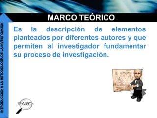 companyname
MARCO TEÓRICO
Es la descripción de elementos
planteados por diferentes autores y que
permiten al investigador fundamentar
su proceso de investigación.
 