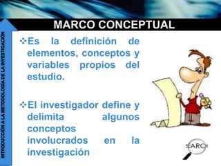 companyname
MARCO CONCEPTUAL
Es la definición de
elementos, conceptos y
variables propios del
estudio.
El investigador define y
delimita algunos
conceptos
involucrados en la
investigación
 