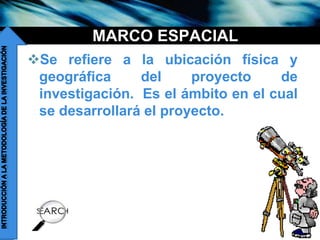 companyname
MARCO ESPACIAL
Se refiere a la ubicación física y
geográfica del proyecto de
investigación. Es el ámbito en el cual
se desarrollará el proyecto.
 