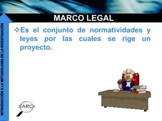 companyname
MARCO LEGAL
Es el conjunto de normatividades y
leyes por las cuales se rige un
proyecto.
 