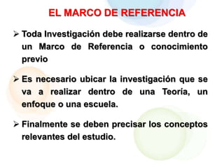 EL MARCO DE REFERENCIA
 Toda Investigación debe realizarse dentro de
un Marco de Referencia o conocimiento
previo
 Es necesario ubicar la investigación que se
va a realizar dentro de una Teoría, un
enfoque o una escuela.
 Finalmente se deben precisar los conceptos
relevantes del estudio.
 