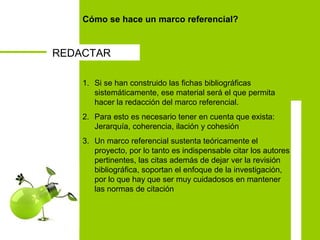 Cómo se hace un marco referencial?
1. Si se han construido las fichas bibliográficas
sistemáticamente, ese material será el que permita
hacer la redacción del marco referencial.
2. Para esto es necesario tener en cuenta que exista:
Jerarquía, coherencia, ilación y cohesión
3. Un marco referencial sustenta teóricamente el
proyecto, por lo tanto es indispensable citar los autores
pertinentes, las citas además de dejar ver la revisión
bibliográfica, soportan el enfoque de la investigación,
por lo que hay que ser muy cuidadosos en mantener
las normas de citación
REDACTAR
 