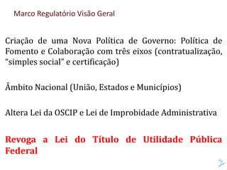 Marco Regulatório Visão Geral
Criação de uma Nova Política de Governo: Política de
Fomento e Colaboração com três eixos (contratualização,
“simples social” e certificação)
Âmbito Nacional (União, Estados e Municípios)
Altera Lei da OSCIP e Lei de Improbidade Administrativa
Revoga a Lei do Título de Utilidade Pública
Federal
 