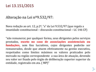 Lei 13.151/2015
Alteração na Lei nº9.532/97:
Nova redação ao art. 12, p.2º, “a” da Lei 9.532/97 (que regula a
imunidade constitucional – discussão constitucional – LC 146 CF)
“não remunerar, por qualquer forma, seus dirigentes pelos serviços
prestados, exceto no caso de associações assistenciais ou
fundações, sem fins lucrativos, cujos dirigentes poderão ser
remunerados, desde que atuem efetivamente na gestão executiva,
respeitados como limites máximos os valores praticados pelo
mercado na região correspondente a sua àrea de atuação, devendo
seu valor ser fixado pelo órgão de deliberação superior superior da
entidade, registrado em ata. ( MP)”
 