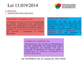 CAPÍTULOS
I – DISPOSIÇÕES PRELIMINARES
Lei 13.019/2014
Lei 13.019/2014, Art. 2º, incisos VII, VIII e VIII-A
TERMO DE COLABORAÇÃO:
instrumento por meio do qual são formalizadas
as parcerias estabelecidas pela administração
pública com organizações da sociedade civil para
a consecução de finalidades de interesse público e
recíproco propostas pela administração pública
que envolvam a transferência de recursos
financeiros;
TERMO DE FOMENTO:
instrumento por meio do qual são
formalizadas as parcerias estabelecidas pela
administração pública com organizações da
sociedade civil para a consecução de
finalidades de interesse público e recíproco
propostas pelas organizações da
sociedade civil, que envolvam a
transferência de recursos financeiros;
ACORDO DE COOPERAÇÃO:
instrumento por meio do qual são formalizadas as
parcerias estabelecidas pela administração pública
com organizações da sociedade civil para a
consecução de finalidades de interesse público e
recíproco que não envolvam a transferência de
recursos financeiros;
 