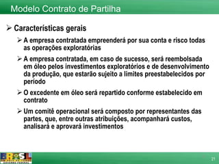 Características gerais A empresa contratada empreenderá por sua conta e risco todas as operações exploratórias  A empresa contratada, em caso de sucesso, será reembolsada em óleo pelos investimentos exploratórios e de desenvolvimento da produção, que estarão sujeito a limites preestabelecidos por período O excedente em óleo será repartido conforme estabelecido em contrato Um comitê operacional será composto por representantes das partes, que, entre outras atribuições, acompanhará custos, analisará e aprovará investimentos Modelo Contrato de Partilha 
