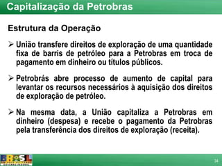 Capitalização da Petrobras Estrutura da Operação União transfere direitos de exploração de uma quantidade fixa de barris de petróleo para a Petrobras em troca de pagamento em dinheiro ou títulos públicos. Petrobrás abre processo de aumento de capital para levantar os recursos necessários à aquisição dos direitos de exploração de petróleo. Na mesma data, a União capitaliza a Petrobras em dinheiro (despesa) e recebe o pagamento da Petrobras pela transferência dos direitos de exploração (receita). 